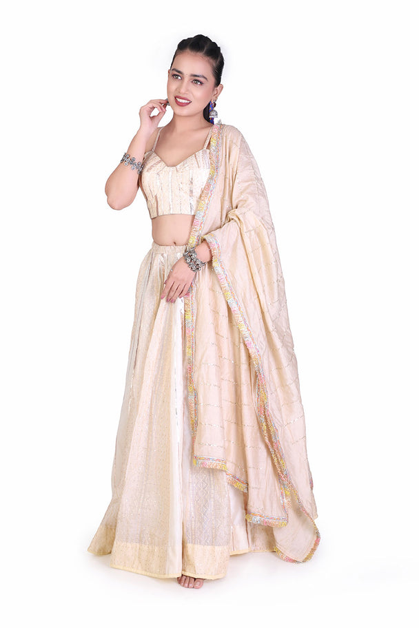 champagne ivory lehenga choli with delicate embroidery & dupatta
