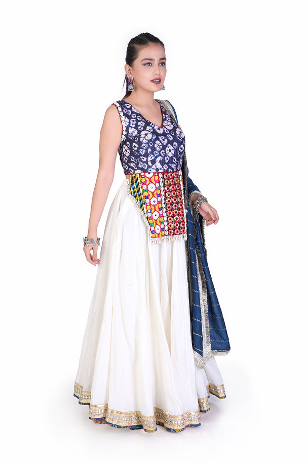 ivory printed lehenga with blue embroidered blouse & dupatta