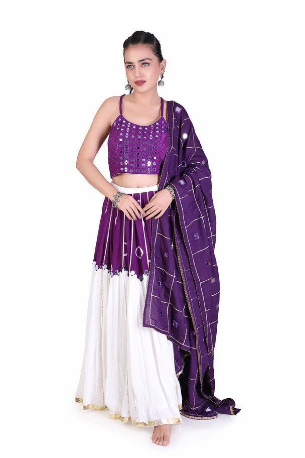 purple embroidered blouse with ivory lehenga & purple dupatta