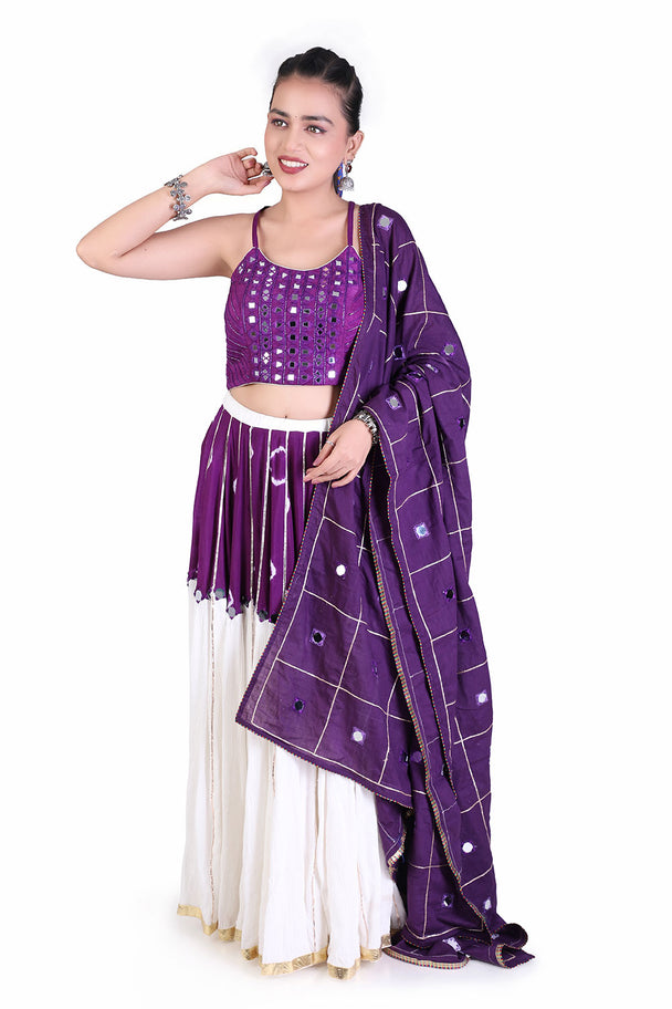 purple embroidered blouse with ivory lehenga & purple dupatta