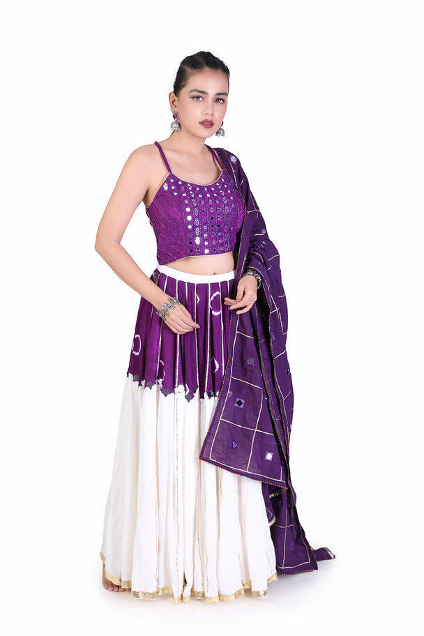 purple embroidered blouse with ivory lehenga & purple dupatta