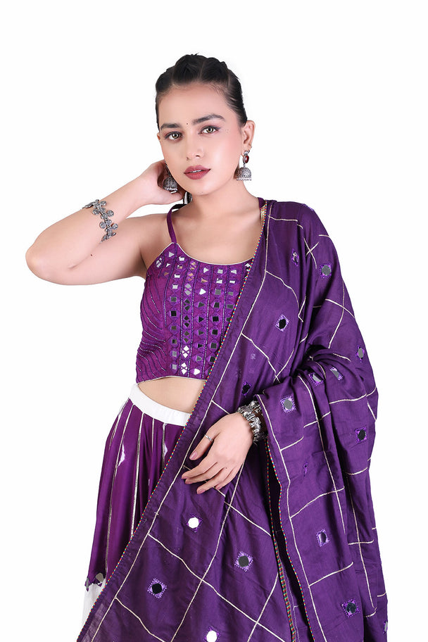 purple embroidered blouse with ivory lehenga & purple dupatta