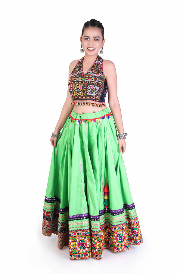 lime green lehenga with brown mirror work blouse