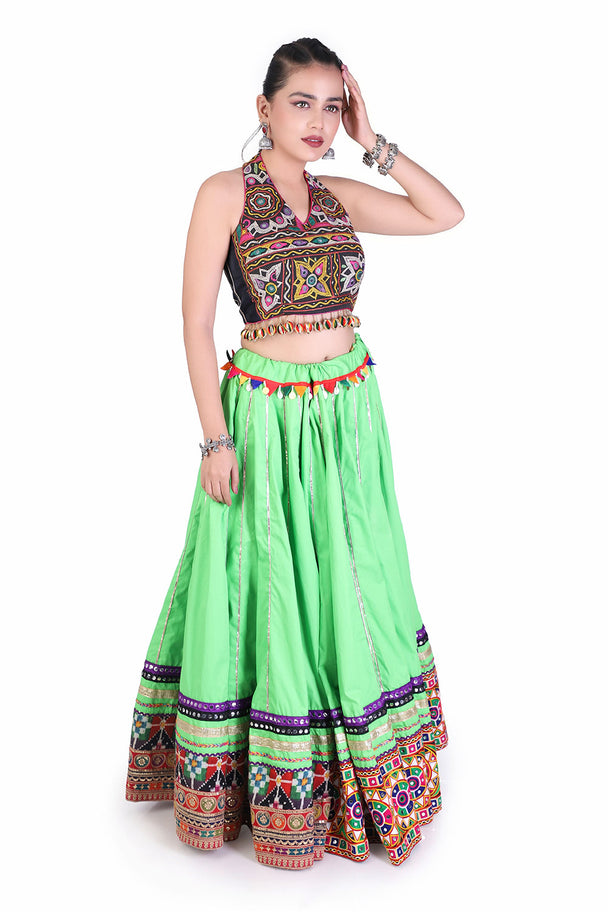 lime green lehenga with brown mirror work blouse