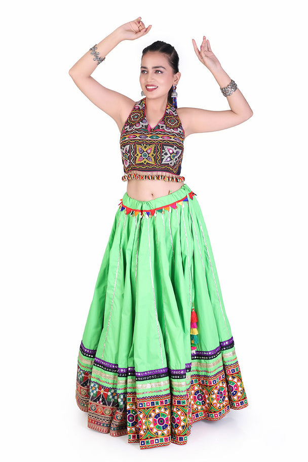 lime green lehenga with brown mirror work blouse