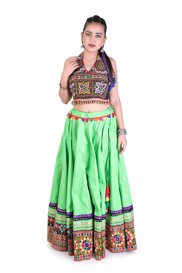 lime green lehenga with brown mirror work blouse