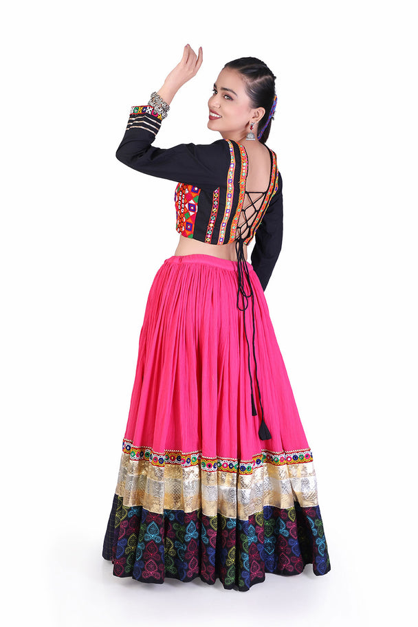 magenta lehenga with black embroidered blouse & pink dupatta