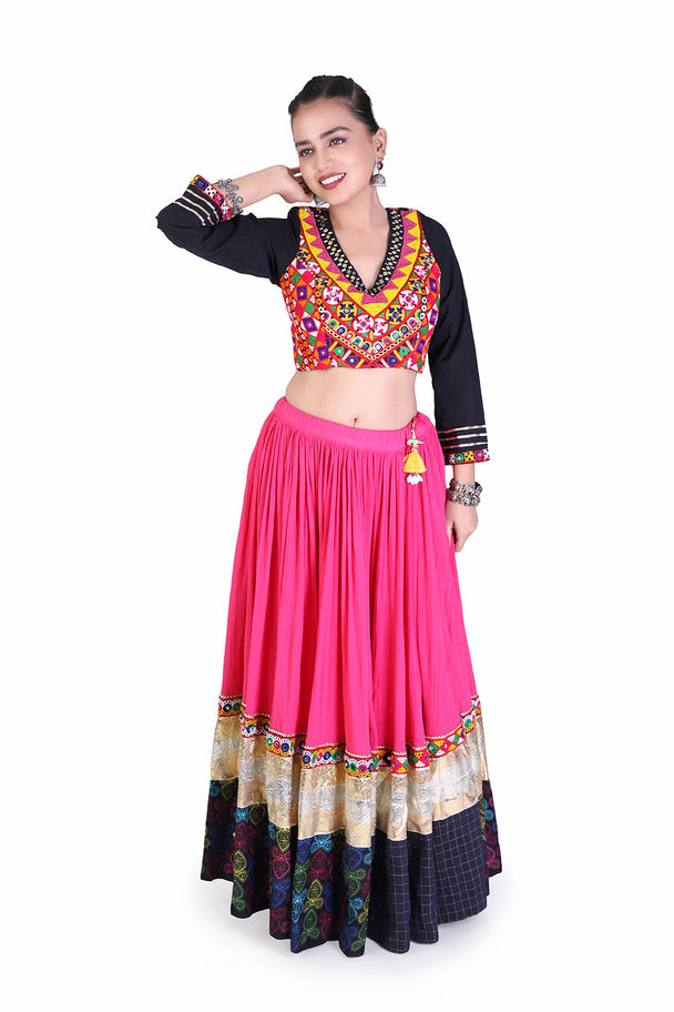 magenta lehenga with black embroidered blouse & pink dupatta