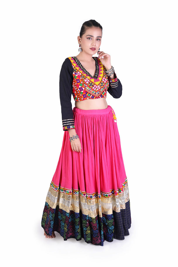 magenta lehenga with black embroidered blouse & pink dupatta