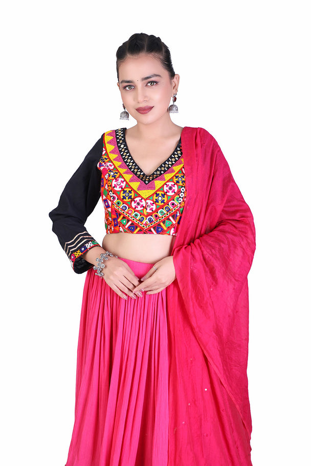 magenta lehenga with black embroidered blouse & pink dupatta