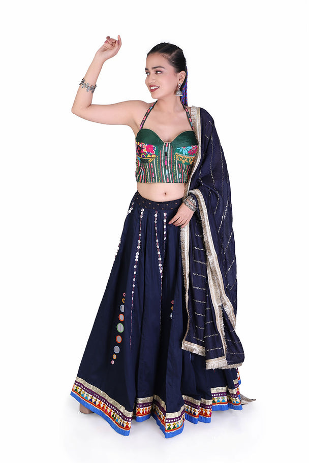 navy blue lehenga with green embroidered blouse & printed dupatta