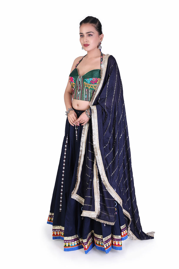 navy blue lehenga with green embroidered blouse & printed dupatta