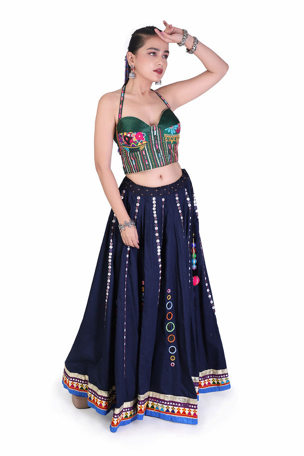 navy blue lehenga with green embroidered blouse & printed dupatta