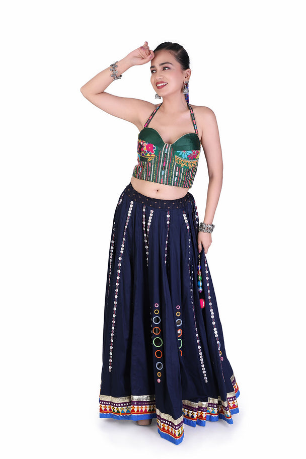 navy blue lehenga with green embroidered blouse & printed dupatta