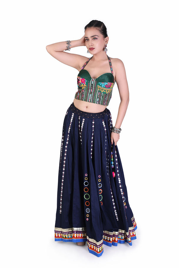 navy blue lehenga with green embroidered blouse & printed dupatta