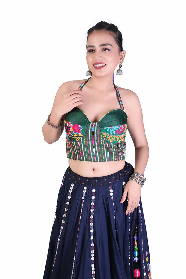 navy blue lehenga with green embroidered blouse & printed dupatta