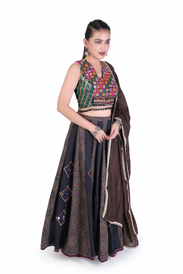 black & chocolate brown printed lehenga with embroidered blouse