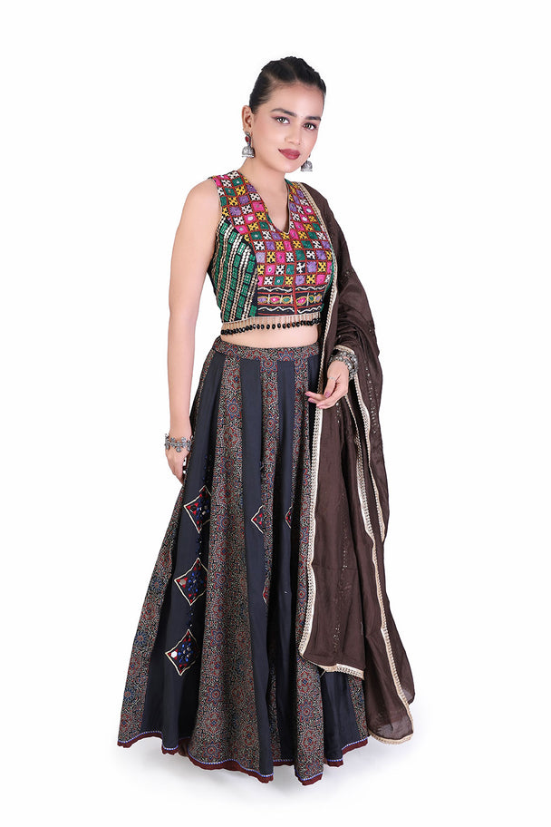 black & chocolate brown printed lehenga with embroidered blouse