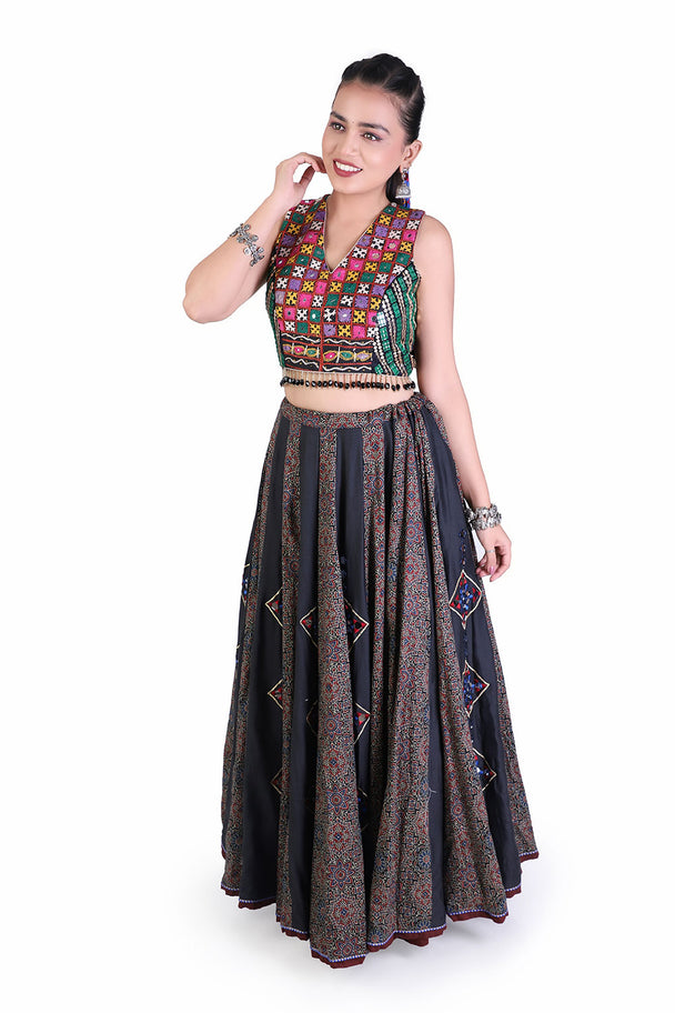 black & chocolate brown printed lehenga with embroidered blouse