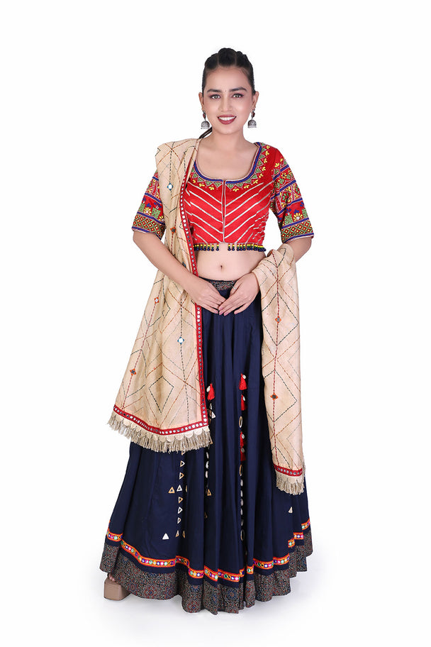 navy blue lehenga with red striped blouse