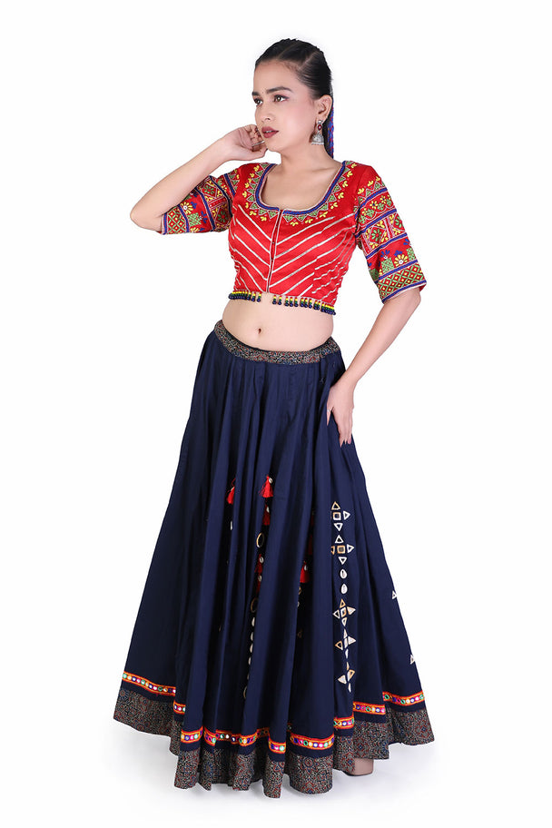 navy blue lehenga with red striped blouse
