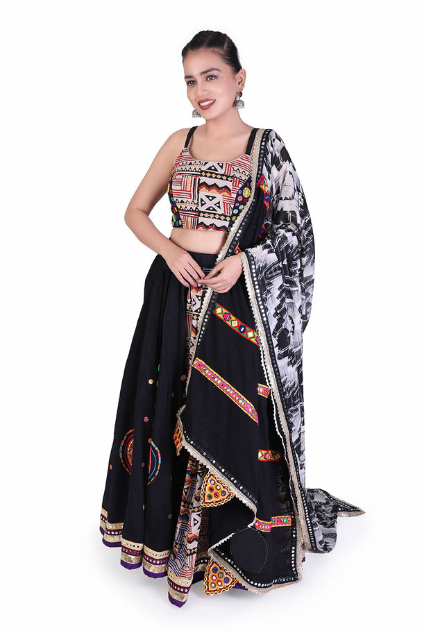 black printed lehenga choli with statement embroidered blouse