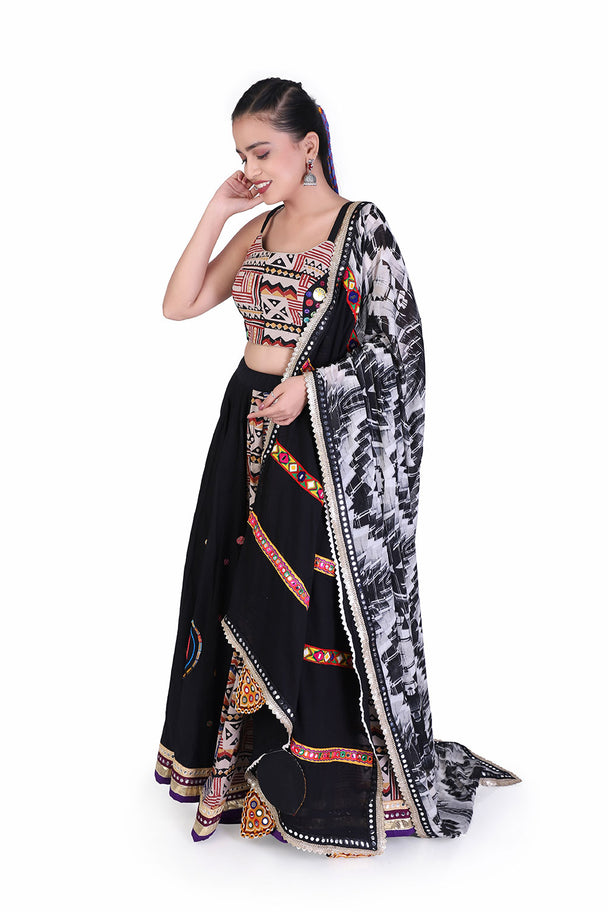 black printed lehenga choli with statement embroidered blouse