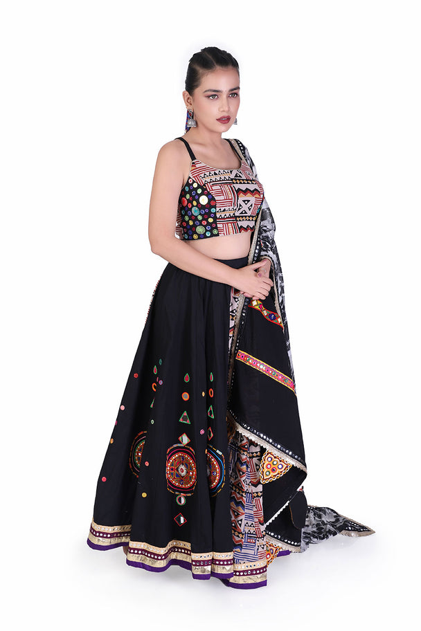black printed lehenga choli with statement embroidered blouse