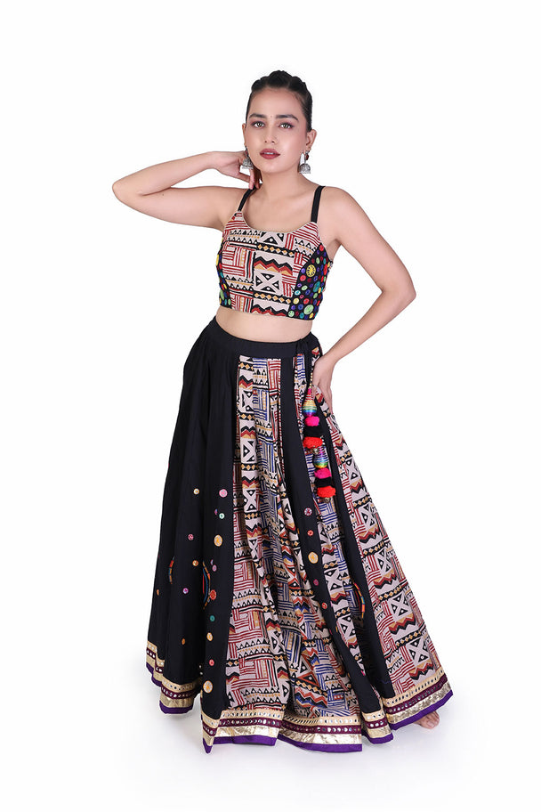 black printed lehenga choli with statement embroidered blouse