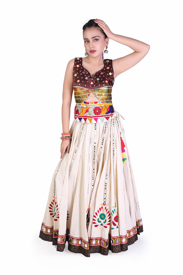ivory multicolor printed lehenga with embroidered blouse