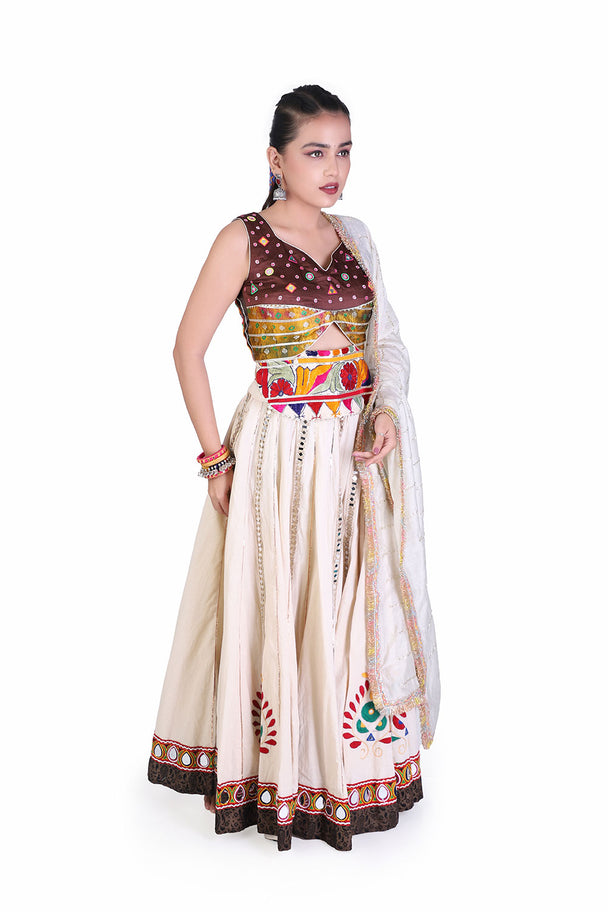 ivory multicolor printed lehenga with embroidered blouse