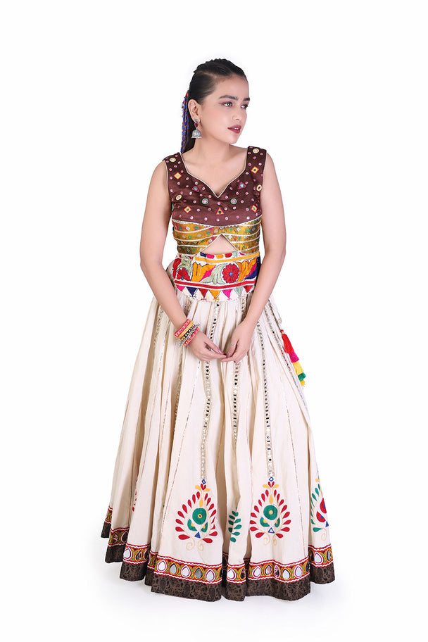 ivory multicolor printed lehenga with embroidered blouse