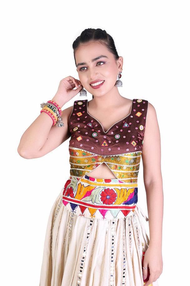 ivory multicolor printed lehenga with embroidered blouse