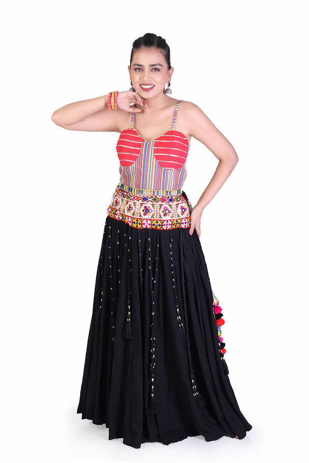 black lehenga with pink embroidered blouse & printed border