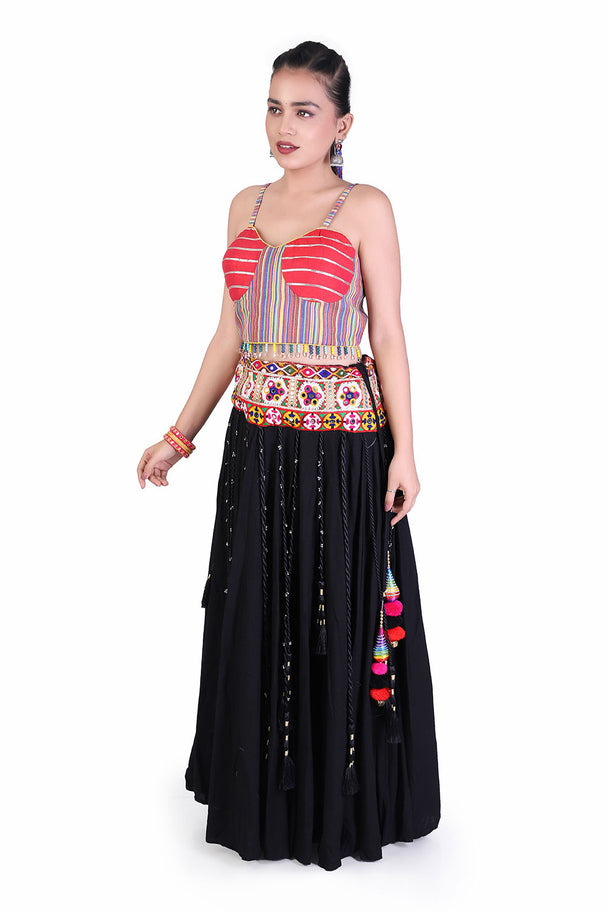 black lehenga with pink embroidered blouse & printed border