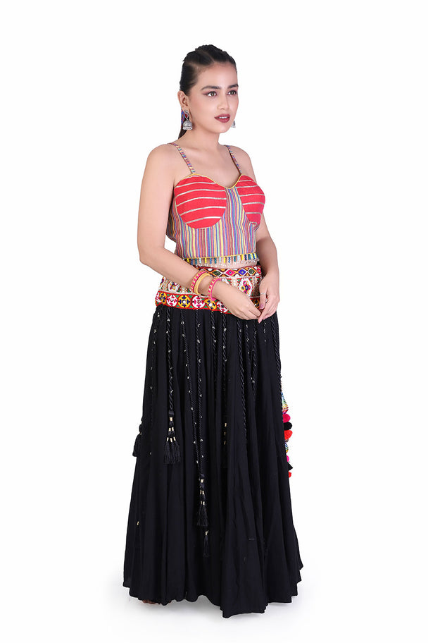 black lehenga with pink embroidered blouse & printed border