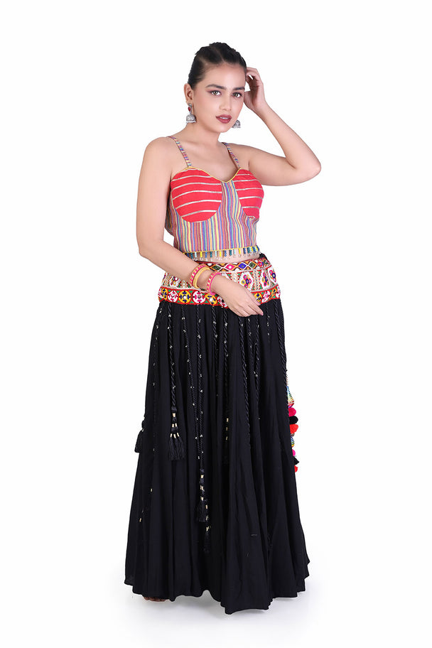 black lehenga with pink embroidered blouse & printed border