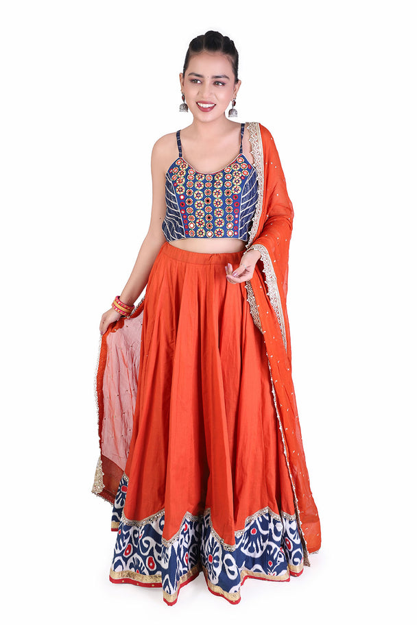 orange lehenga with blue embroidered blouse & printed border