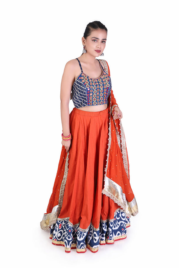 orange lehenga with blue embroidered blouse & printed border