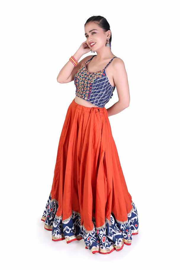 orange lehenga with blue embroidered blouse & printed border