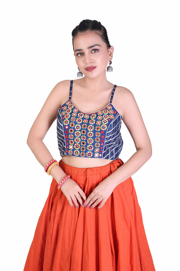 orange lehenga with blue embroidered blouse & printed border