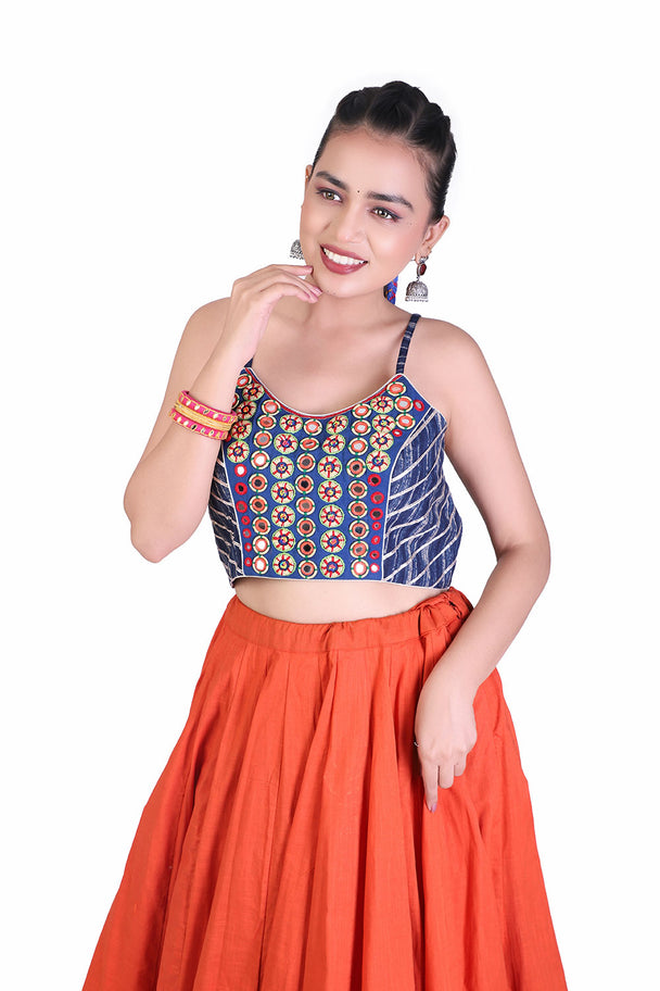 orange lehenga with blue embroidered blouse & printed border