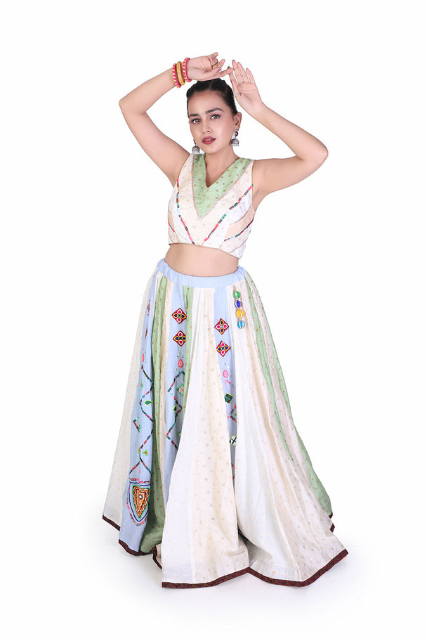 ivory & mint green floral lehenga with embroidered blouse