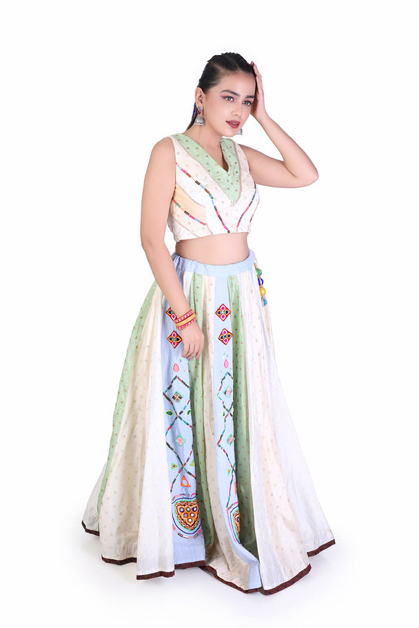 ivory & mint green floral lehenga with embroidered blouse