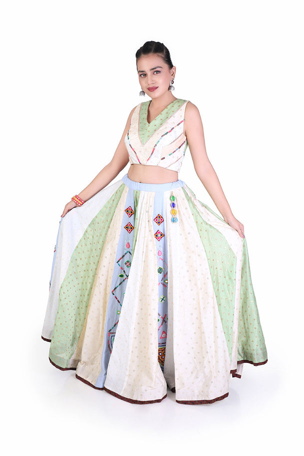 ivory & mint green floral lehenga with embroidered blouse
