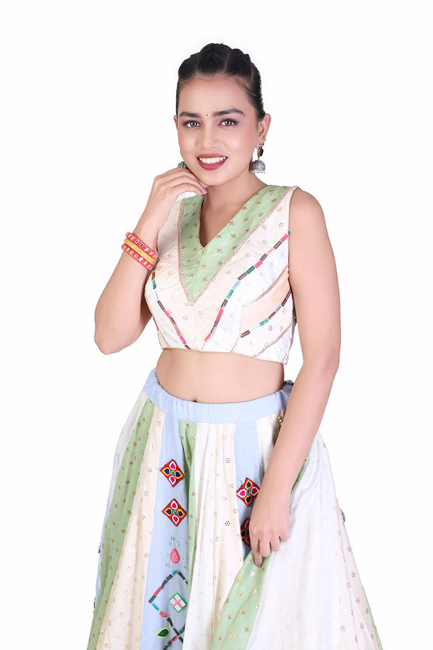 ivory & mint green floral lehenga with embroidered blouse