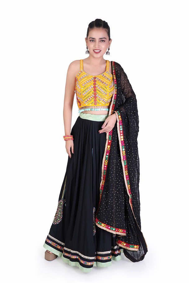 black lehenga with yellow dupatta & mirror work blouse