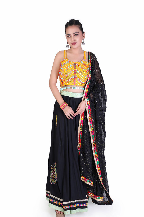 black lehenga with yellow dupatta & mirror work blouse