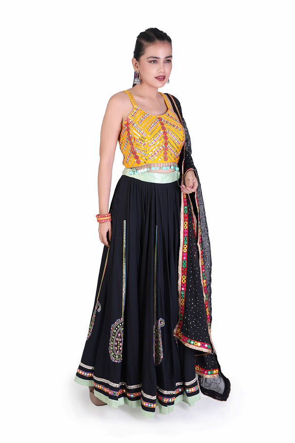 black lehenga with yellow dupatta & mirror work blouse