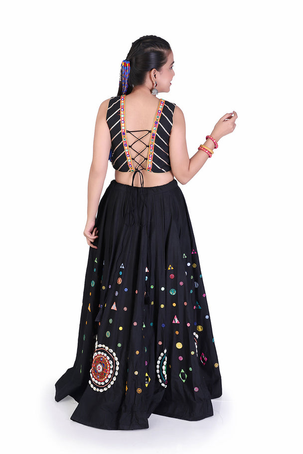 black multicolor printed lehenga with yellow dupatta